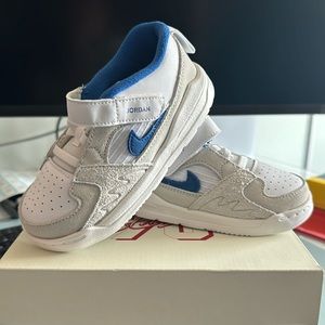 Brand new Jordan Stadium 90 toddler shoes in white and game royal
